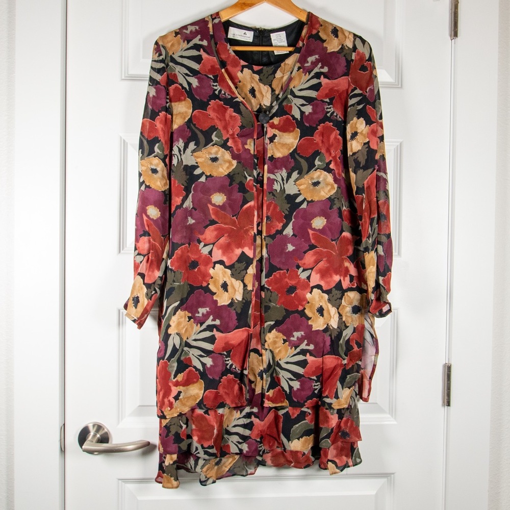 VTG Liz Claiborne 90s Whimsigoth Floral Dress & Jacket Set Rayon Petite 6